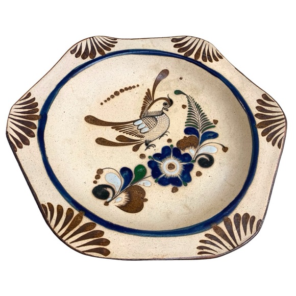 VTG Tonala Mexico Folk Art Bird Flowers Pottery Decor Wall Plate Hexagon Raised - Picture 6 of 6